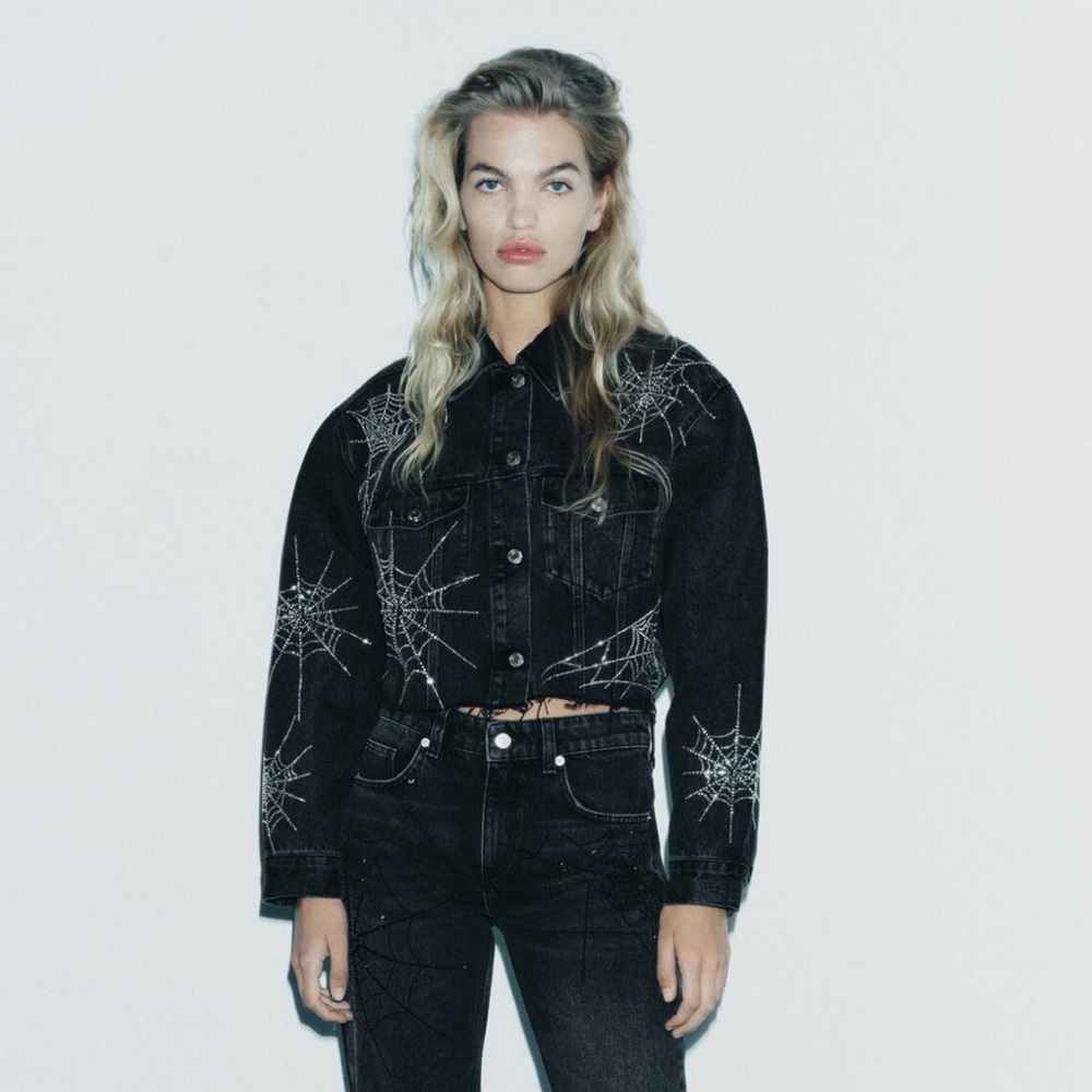 Zara SPIDERWEB RHINESTONE CROP DENIM JACKET
